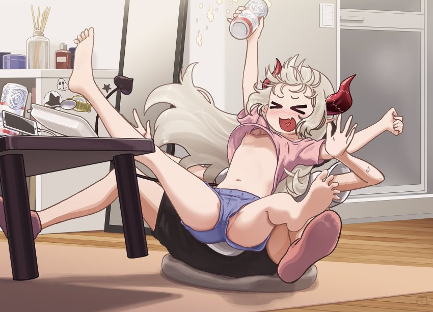 &gt;_&lt; 1boy 1girl :d alcohol barefoot beer beer_can blush breasts can carpet cellphone closed_eyes curled_horns cushion demon_girl demon_horns demon_tail drink_can drunk emma_august eyeharmheart fang foam full_body grey_hair heart heart_in_mouth highres horns incense indoors long_hair navel nijisanji nipples no_bra no_panties nose_blush open_mouth outstretched_arms outstretched_legs phone pointy_ears red_horns shirt short_shorts shorts sitting sitting_on_lap sitting_on_person skin_fang small_breasts smartphone smile socks spoon spread_legs spread_toes sweatdrop t-shirt table tail toes upshirt upshorts virtual_youtuber xd