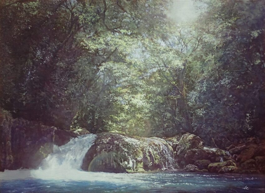 bush day forest grass highres hill morning naohiro_ito nature no_humans original painting_(medium) shadow sunlight traditional_media tree_shade water waterfall