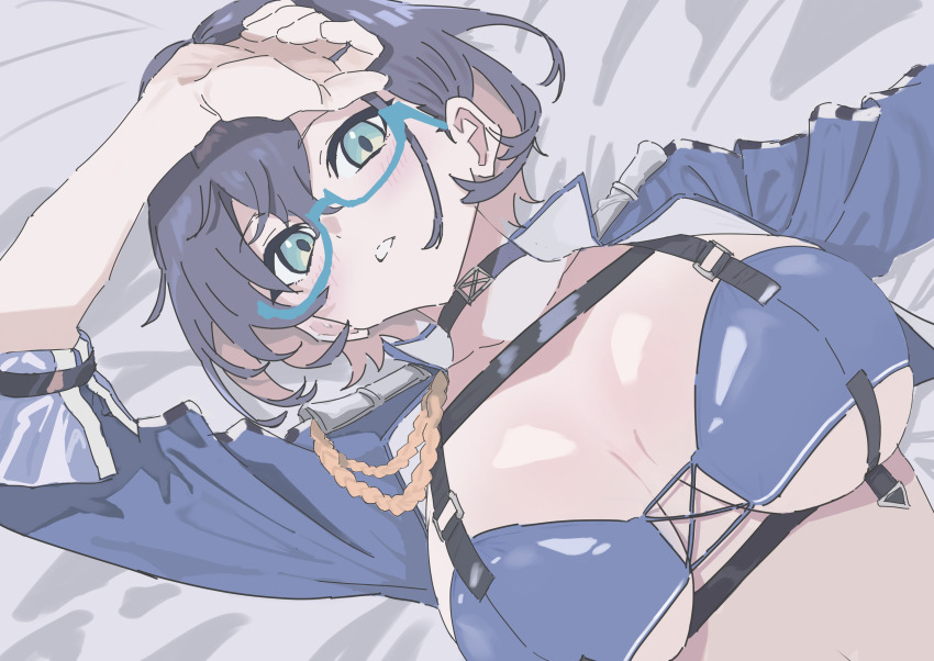 1girl absurdres aiguillette aqua-framed_eyewear aqua_eyes arm_up azur_lane baltimore_(azur_lane) baltimore_(azur_lane)_(cosplay) baltimore_(finish_line_flagbearer)_(azur_lane) bed_sheet bikini black_choker black_hair blue_archive blue_bikini blue_jacket breasts chest_harness chihiro_(blue_archive) choker cleavage commentary cosplay cropped_jacket dutch_angle glasses hair_between_eyes harness highres jacket large_breasts light_blush looking_at_viewer lying on_back open_clothes open_jacket parted_lips race_queen semi-rimless_eyewear short_hair sidelocks solo stomach sub_mhl swimsuit three-quarter_sleeves under-rim_eyewear upper_body