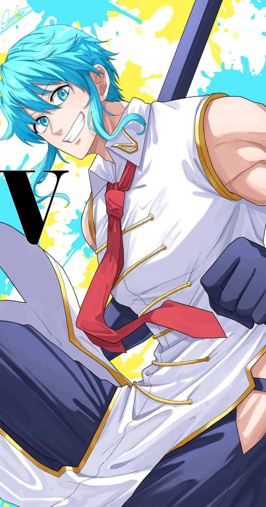 1boy absurdres black_pants blue_eyes blue_hair chinese_clothes clenched_hand gloves hair_between_eyes highres looking_at_viewer male_focus necktie pants red_necktie shen_(undead_unluck) shishiruto short_hair_with_long_locks sidelocks sleeveless smile solo toned toned_male undead_unluck
