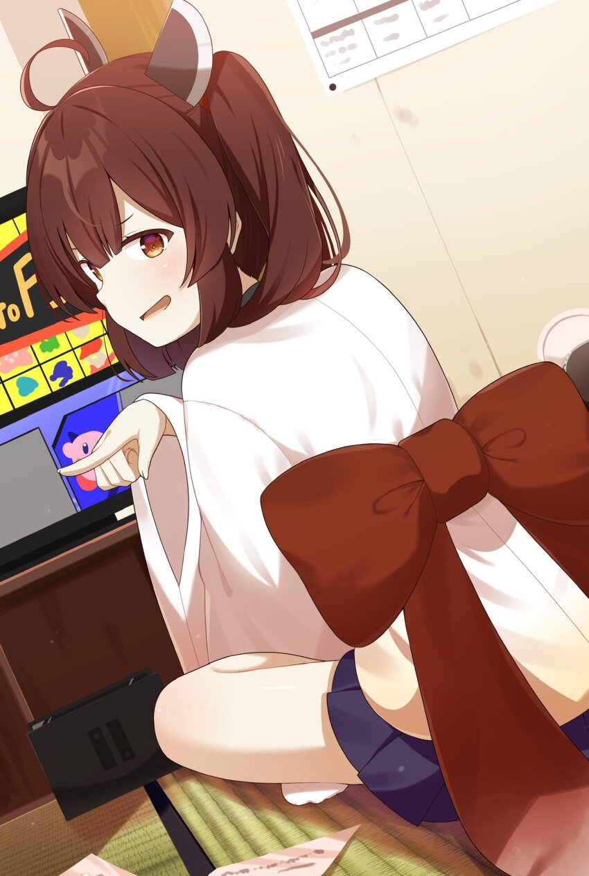 1girl ahoge blue_skirt blunt_bangs brown_hair chaakusu commentary_request dutch_angle hair_between_eyes headgear highres indian_style indoors japanese_clothes kimono kirby light_blush looking_at_viewer looking_back medium_hair miniskirt open_mouth pleated_skirt pointing pointing_to_the_side red_eyes red_sash sash sash_bow sitting skirt smile socks solo tatami television touhoku_kiritan twintails video_game voiceroid white_kimono white_socks wide_sleeves