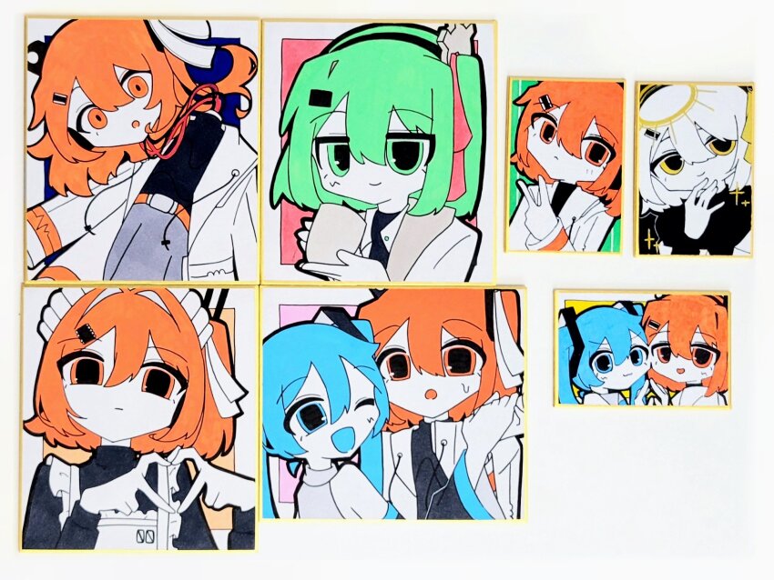 3girls a.i._voice adachi_rei alternate_costume android apron belt black_shirt blue_hair cable chaun_meguri cheek-to-cheek chiori_(_chio_ri) closed_mouth cup disembodied_head drawstring enmaided four-finger_heart_hands frilled_apron frills green_eyes green_hair grey_skirt hair_between_eyes hair_ornament hair_ribbon halo hand_up hatsune_miku heads_together heart heart_hands highres holding holding_cup holding_hands jacket long_hair long_sleeves looking_at_viewer maid maid_apron maid_headdress multiple_girls multiple_views one_eye_closed open_clothes open_jacket orange_belt orange_eyes orange_hair outside_border ribbon shikishi shirt skirt smile sparkle traditional_media twintails utau v vocaloid white_apron white_jacket yunomi