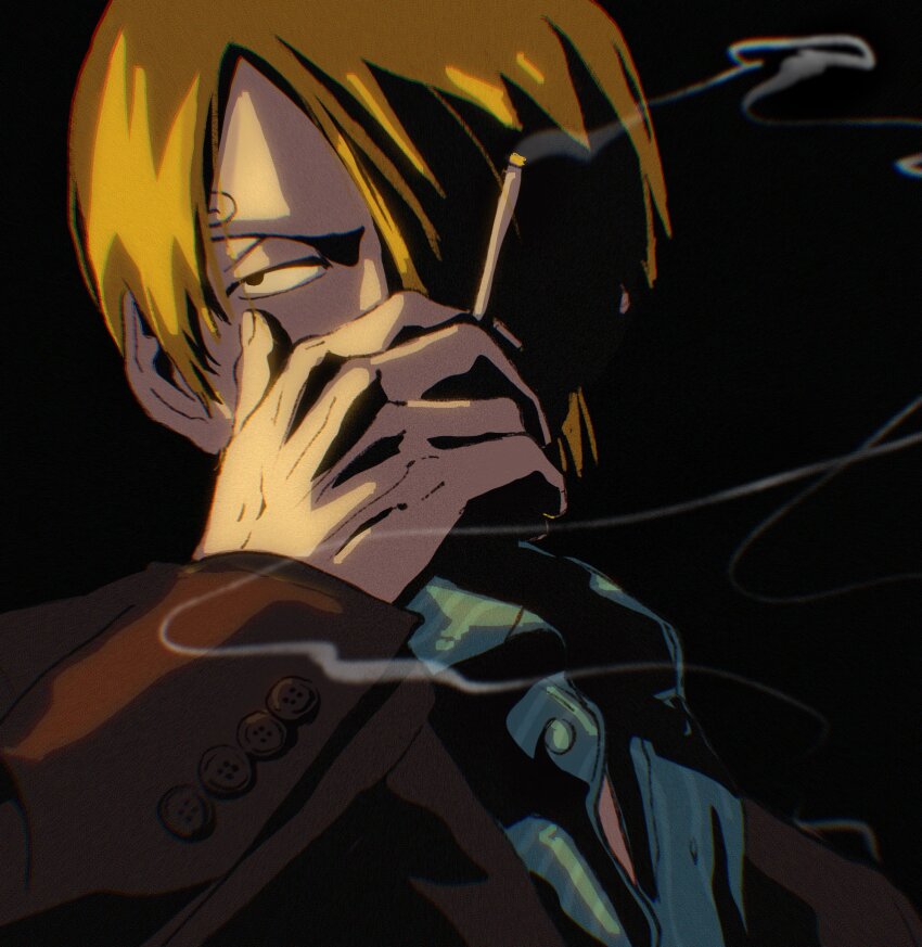 1boy black_background black_jacket blue_shirt buttons cigarette commentary curly_eyebrows fengcheche hair_over_one_eye highres holding holding_cigarette jacket male_focus one_piece sanji_(one_piece) shirt short_hair smoke solo symbol-only_commentary upper_body