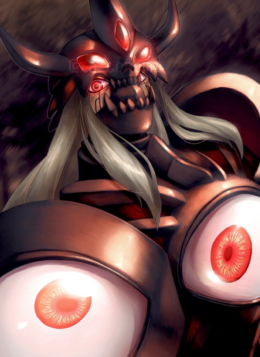 1boy armor black_armor digimon digimon_(creature) duskmon extra_eyes highres long_hair male_focus red_eyes solo takeda_conomi upper_body