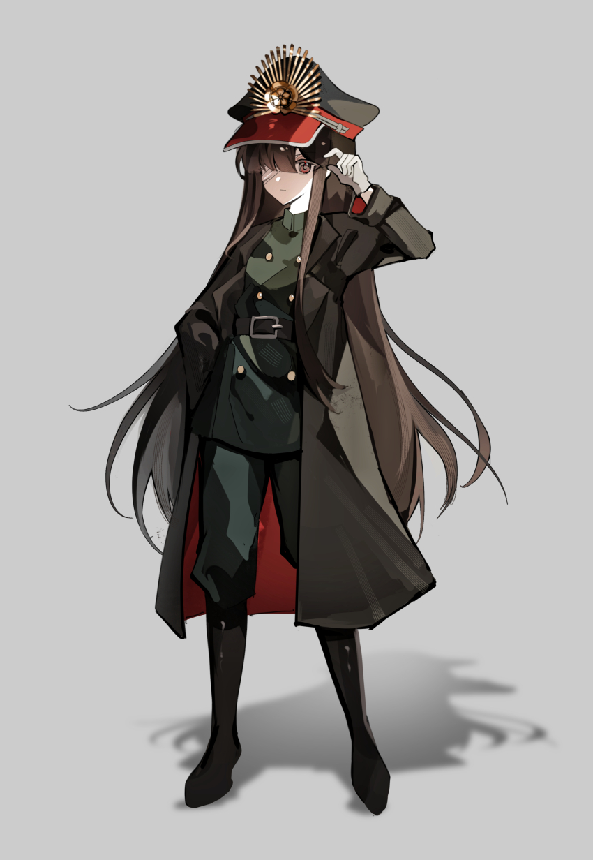 1girl absurdres bandage_over_one_eye black_coat black_hat black_shoes boots closed_mouth coat fate/grand_order fate_(series) full_body gloves green_jacket green_pants hand_up hat highres jacket long_sleeves looking_at_viewer oda_nobunaga_(fate) oda_nobunaga_(koha-ace) oda_uri open_clothes open_coat pants peaked_cap red_eyes shadow shoes simple_background solo standing white_gloves xixing_chun