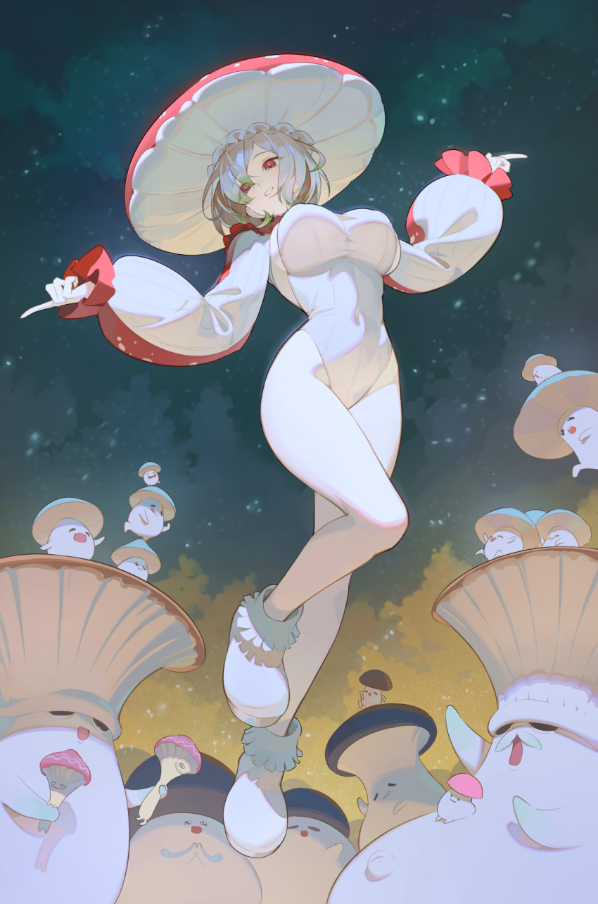 1girl bob_cut breasts commentary covered_navel english_commentary full_body highleg highleg_leotard highres large_breasts leotard mushroom mushroom_girl mushroom_girl_(timbougami) mushroom_hat original puffy_sleeves red_eyes short_hair smile solo timbougami white_hair white_leotard