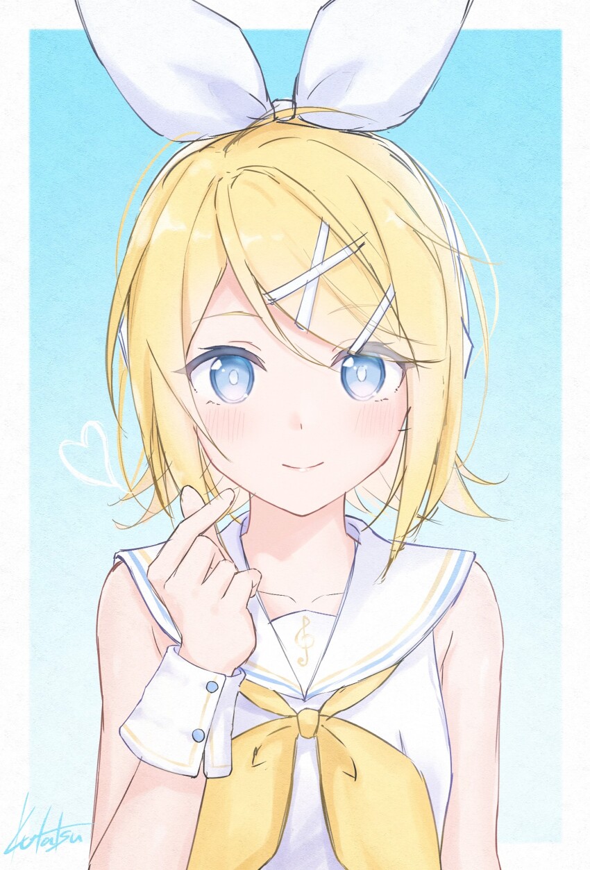 1girl absurdres blonde_hair blue_eyes blush bow commentary hair_bow heart highres kagamine_rin kutatsu_(kutatsu7) musical_note neckerchief sailor_collar shirt sleeveless sleeveless_shirt solo vocaloid sour_model_(mikumikudance) white_sailor_collar white_shirt yellow_neckerchief