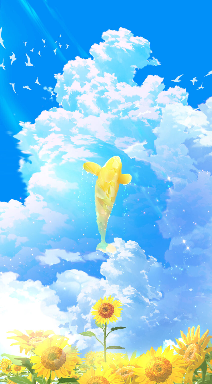 absurdres animal_focus blue_sky cloud cloudy_sky flower flying_whale highres light_rays makoron117117 no_humans original outdoors scenery simple_bird sky sky_focus sparkle sunbeam sunflower sunlight whale yellow_flower
