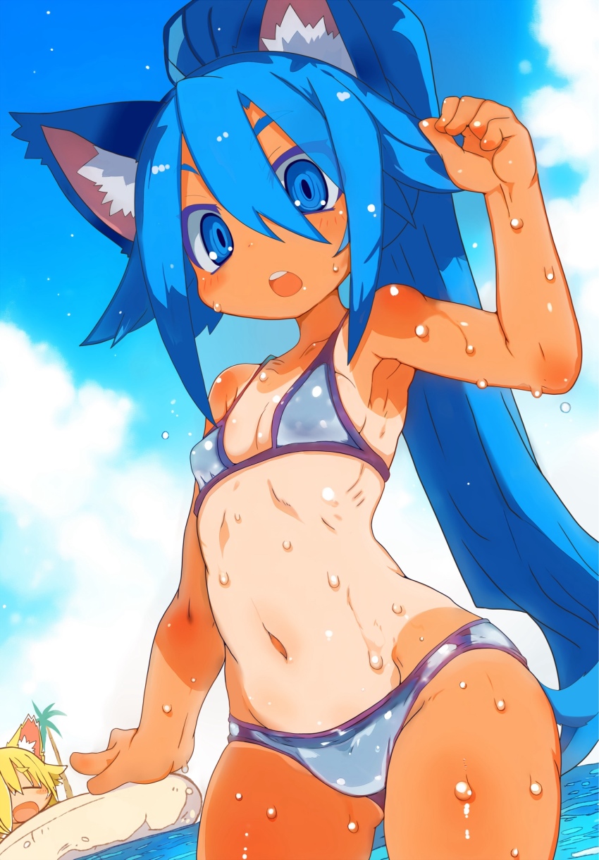 animal_ear_fluff animal_ears armpits bikini blonde_hair blue_bikini blue_eyes blue_hair blush breasts closed_eyes fox_ears fox_girl gluteal_fold hair_between_eyes highres innertube long_hair looking_at_viewer navel ocean open_mouth original ponytail small_breasts stomach swim_ring swimsuit tan tanline teeth tsukinoha_mio upper_teeth_only very_long_hair wet