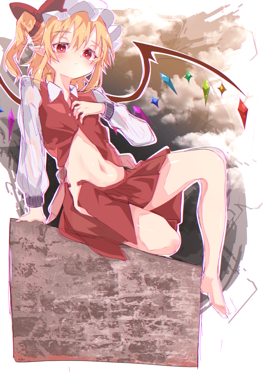 1girl absurdres ascot bare_legs barefoot blonde_hair crystal crystal_wings flandre_scarlet hair_between_eyes hand_up hat highres long_sleeves looking_at_viewer midriff mister_eru mob_cap navel pointy_ears red_eyes red_skirt shirt short_hair side_ponytail sitting skirt solo stomach touhou wings