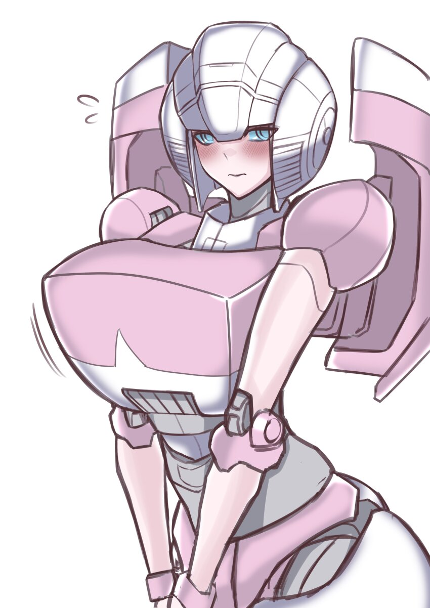 1girl absurdres android arcee autobot backpack bag blue_eyes closed_mouth cowboy_shot embarrassed frown helmet highres humanoid_robot konro_yoyogei looking_at_viewer mecha metal_skin no_humans pink_lips robot robot_girl science_fiction simple_background solo thighs transformers transformers:_generation_1 v_arms white_background