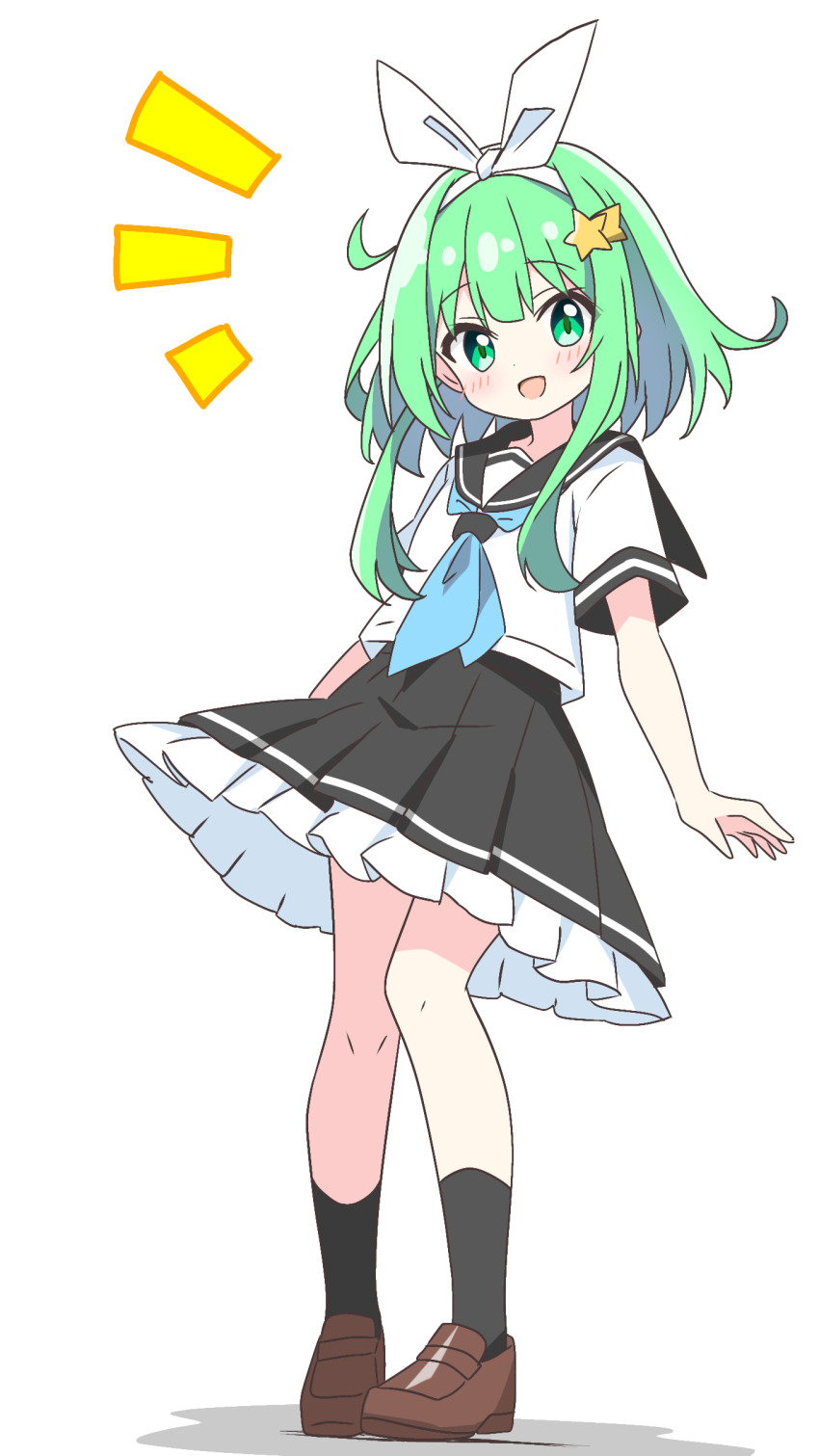 1girl :d absurdres black_sailor_collar black_skirt black_socks blue_neckerchief blush bow_hairband brown_shoes commentary_request dot_nose frilled_skirt frills full_body green_eyes green_hair hair_ornament hairband highres kotatsu-mazoku looking_at_viewer neckerchief notice_lines open_mouth original pleated_skirt sailor_collar school_uniform serafuku shirt shoes shooting_star_hair_ornament short_hair_with_long_locks short_sleeves simple_background skirt smile socks solo standing star_(symbol) star_hair_ornament white_background white_hairband white_shirt