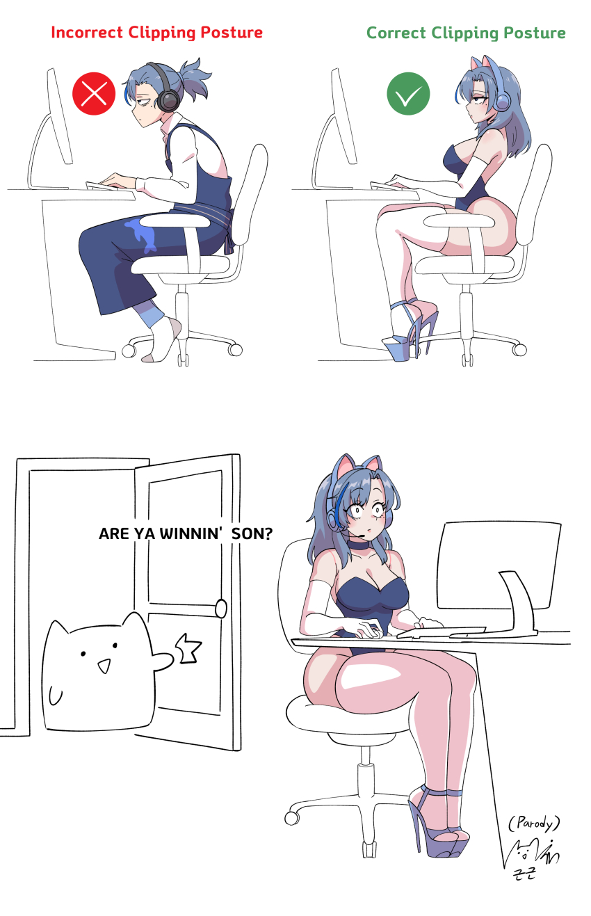 1boy 1girl absurdres animal_ear_headphones animal_ears are_you_winning_son?_(meme) blue_choker blue_footwear blue_leotard breast_padding breasts cat_ear_headphones chair choker cleavage correct_gaming_posture_(meme) elbow_gloves english_text fake_animal_ears genderswap genderswap_(mtf) gloves headphones high_heels highres indie_virtual_youtuber indoors interrupted large_breasts leotard long_sleeves looking_at_viewer majinmallow medium_hair meme mole mole_under_eye parody ponytail sitting thick_thighs thighhighs thighs typing virtual_youtuber white_gloves white_thighhighs