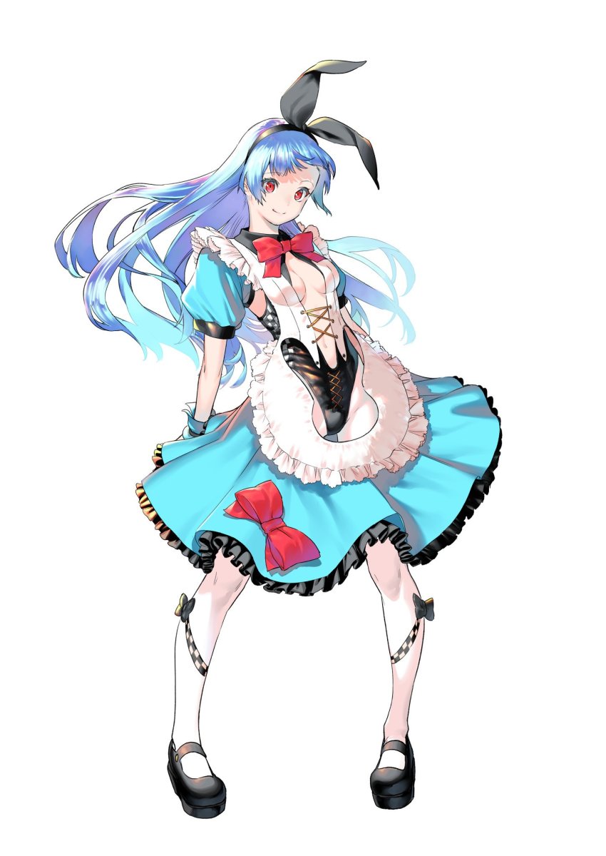 1girl apron azuma_kyoutarou_(artist) blue_hair bow breasts character_cutout cleavage cleavage_cutout clothing_cutout dress female_focus frilled_dress frills full_body hair_bow hairband highres kula_diamond long_hair small_breasts snk snk_heroines:_tag_team_frenzy solo the_king_of_fighters