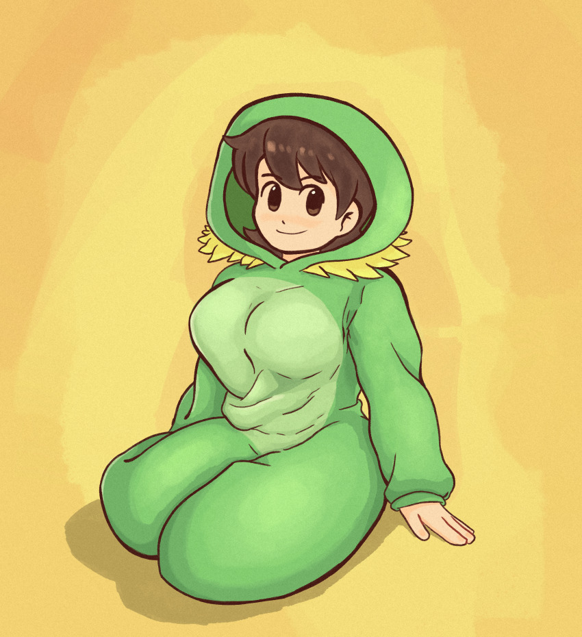 1girl absurdres aioi_yuuko animal_costume breasts brown_eyes brown_hair closed_mouth costume dozo_gon hand_on_floor highres large_breasts nichijou short_hair sitting smile solo yellow_background