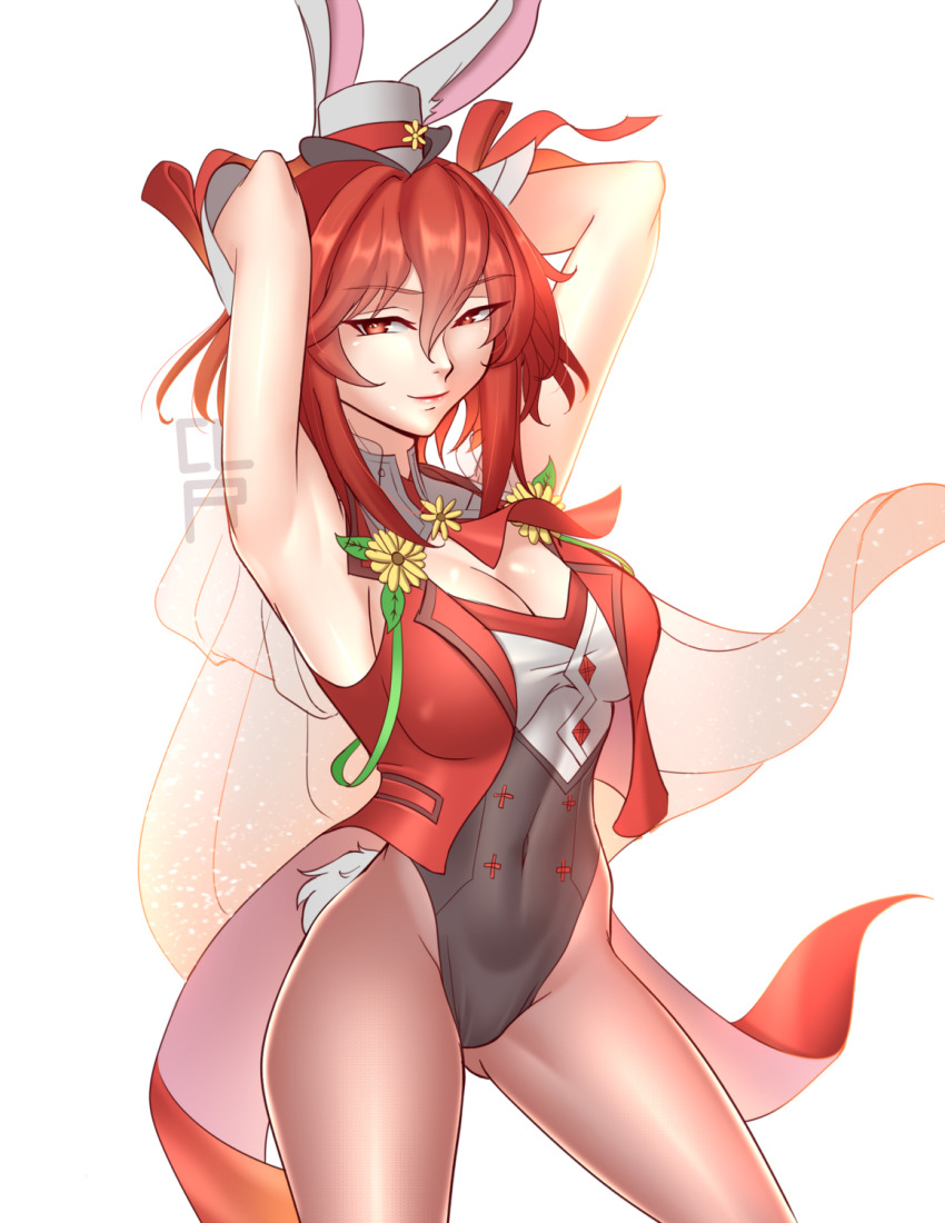 1girl animal_ears armpits arms_up breasts brown_pantyhose cleavage cleru_(cleruuuuu) commentary covered_navel english_commentary fake_animal_ears fake_tail fire_emblem fire_emblem:_mystery_of_the_emblem fire_emblem_heroes gluteal_fold hat highres large_breasts leotard looking_at_viewer medium_hair minerva_(fire_emblem) minerva_(spring)_(fire_emblem) mini_hat nintendo official_alternate_costume pantyhose playboy_bunny rabbit_ears rabbit_tail red_eyes red_hair simple_background smile solo tail white_background