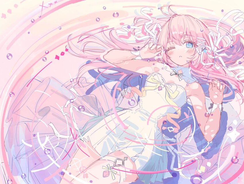 1girl a20_(atsumaru) blue_eyes bubble character_request copyright_request dress highres long_hair lying one_eye_closed pink_hair solo thigh_strap white_dress