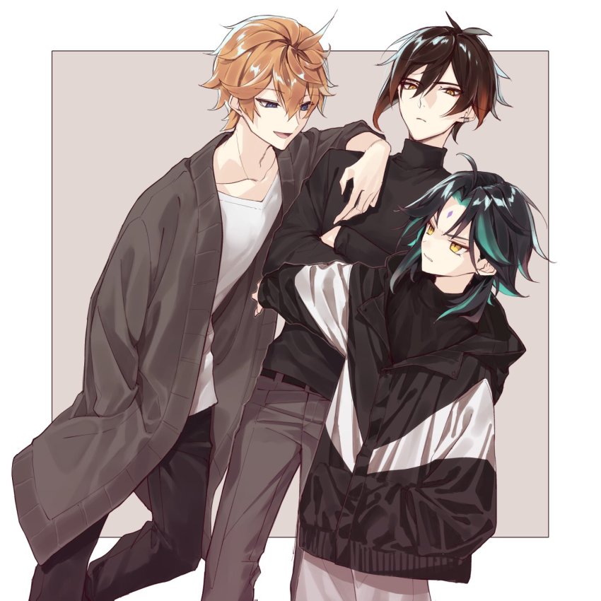 3boys ahoge alternate_costume black_hair blue_eyes brown_hair casual coat facial_mark forehead_mark gameyaruzaurus genshin_impact gradient_hair green_hair grey_pants hair_between_eyes hand_in_pocket hand_on_another&#039;s_shoulder highres hood hood_down hooded_coat male_focus multicolored_hair multiple_boys open_mouth orange_hair pants simple_background tartaglia_(genshin_impact) turtleneck two-tone_background xiao_(genshin_impact) yellow_eyes zhongli_(genshin_impact)
