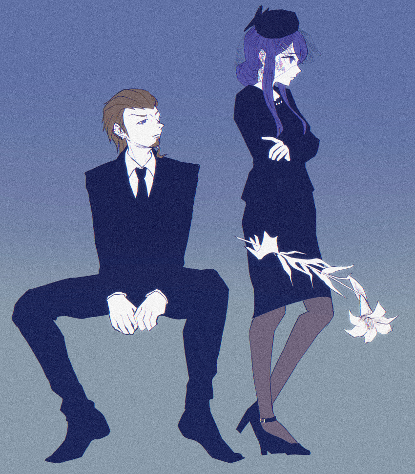 1boy 1girl alternate_costume black_hat black_jacket black_pants black_skirt brown_pantyhose danganronpa:_trigger_happy_havoc danganronpa_(series) facial_hair flower from_side goatee gradient_background hat highres holding holding_flower invisible_chair jacket kuwata_leon long_hair long_sleeves maizono_sayaka pants pantyhose rebanira_kaisan shoes short_hair sitting skirt standing