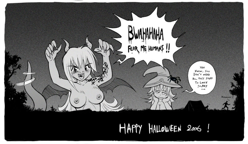 2006 2girls anna_(karbo) breasts cleavage crisis felarya giant giantess halloween hat horns karbo lamia large_breasts medium_breasts monochrome monster_girl multiple_girls nipples nude tent witch_hat