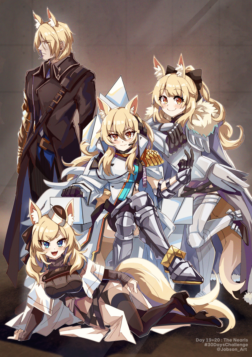 1boy 3girls animal_ear_fluff animal_ears arknights armor armored_boots armored_gloves artist_name aunt_and_niece black_bow black_coat blemishine_(arknights) blonde_hair blue_eyes boots bow cape coat crossed_legs fur-trimmed_cape fur_trim hair_bow highres horse_boy horse_ears horse_girl horse_tail long_hair looking_at_viewer mlynar_(arknights) multiple_girls nearl_(arknights) nearl_the_radiant_knight_(arknights) orange_eyes short_hair siblings sidelocks sisters sitting sitting_on_throne sleepyowl_(jobkung15) smile tail uncle_and_niece whislash_(arknights)