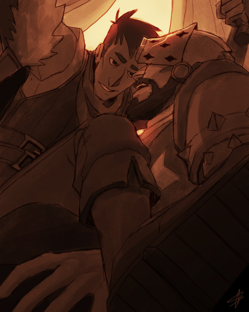 2boys beard between_legs brown_theme connected_beard couple crusader_(darkest_dungeon) darkest_dungeon eye_contact facial_hair foreshortening from_below full_beard helmet highres highwayman_(darkest_dungeon) knight looking_at_another male_focus mature_male multiple_boys osplague seductive_smile short_hair smile thick_eyebrows yaoi