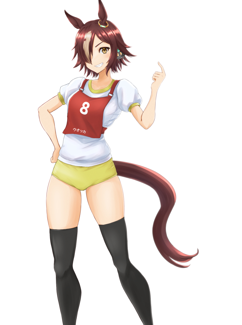 1girl animal_ears black_thighhighs brown_eyes brown_hair buruma character_name commentary ear_ornament earrings grin gym_uniform hair_over_one_eye hand_on_own_hip highres horse_ears horse_girl horse_tail index_finger_raised jewelry kemuri_(etep3372) looking_at_viewer multicolored_hair race_bib shirt short_hair short_sleeves simple_background smile solo standing streaked_hair t-shirt tail thighhighs translated umamusume vodka_(umamusume) white_background white_shirt yellow_buruma