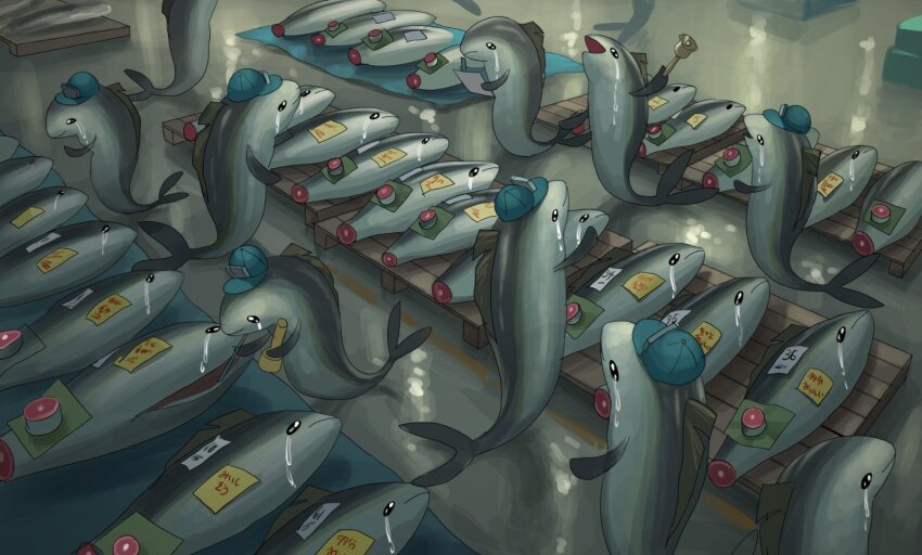 bell blue_hat crying fins fish frown hat highres holding holding_bell no_humans open_mouth original smile streaming_tears surreal tears tensen_(dotted_line) writing