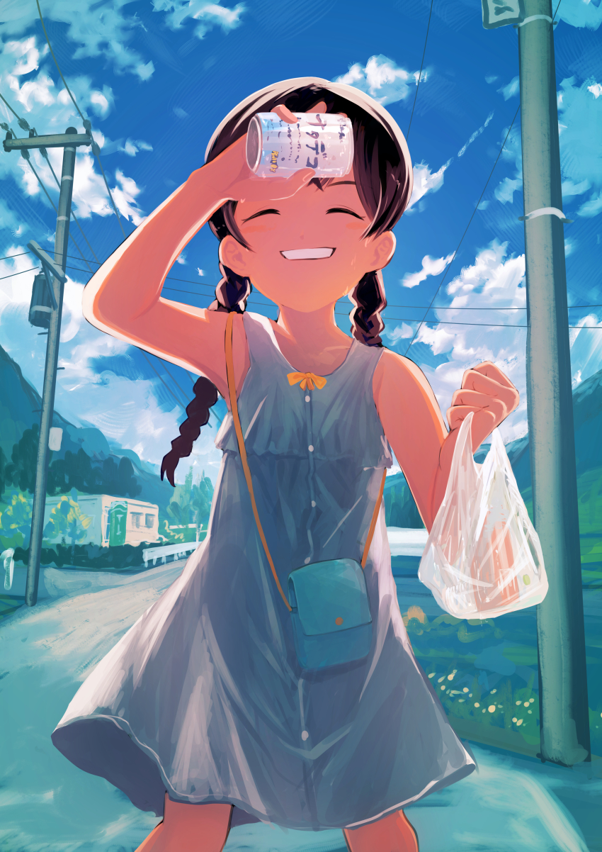 1girl absurdres arm_up bag braid can child cloud cowboy_shot dress closed_eyes fisheye grin handbag highres hill holding holding_bag holding_can house inami_hatoko long_hair nata_de_coco original outdoors plastic_bag power_lines road rural sky smile solo street sundress twin_braids utility_pole wiping_forehead