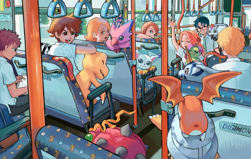 absurdres agumon beak blue_eyes blue_fur body_fur brown_eyes brown_hair bug bus calilo cat digimon digimon_(creature) digimon_adventure_02 feathers gabumon gomamon group_picture highres ishida_yamato izumi_koshiro kido_jo lizard motor_vehicle multiple_boys multiple_girls orange_eyes orange_hair orange_scales palmon patamon pink_feathers red_eyes tachikawa_mimi tailmon takaishi_takeru tentomon white_fur yagami_hikari