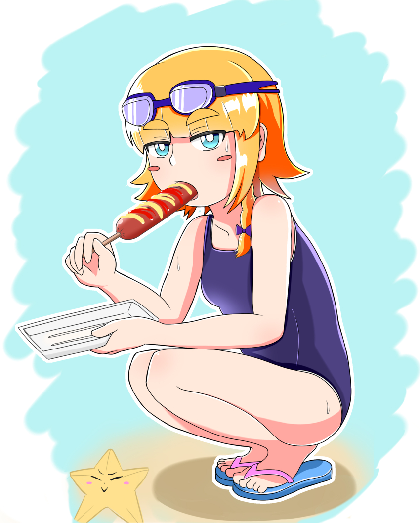 1girl absurdres alternate_costume blonde_hair blue_background blue_sandals blush_stickers bow braid breasts commentary_request cookie_(touhou) eating flip-flops food full_body goggles goggles_on_head gomimaro hair_bow highres holding holding_plate kirisame_marisa looking_at_viewer meguru_(cookie) one-piece_swimsuit open_mouth plate purple_one-piece_swimsuit sandals sausage school_swimsuit short_hair side_braid single_braid small_breasts solo squatting star_(symbol) suzu_(cookie) swim_goggles swimsuit touhou