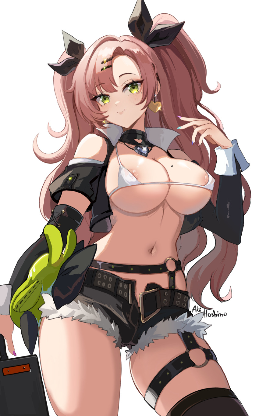 1girl absurdres aki_hoshino amillion_(zenless_zone_zero) areola_slip artist_name bare_shoulders bikini bikini_top_only black_jacket black_ribbon black_shorts black_thighhighs breasts briefcase commentary cowboy_shot earrings english_commentary green_eyes hair_ornament hair_ribbon hairclip heart heart_earrings heart_necklace highres holding holding_briefcase jacket jewelry large_breasts long_hair looking_at_viewer micro_shorts nail_polish navel necklace nicole_demara nipple_slip nipples open_clothes open_fly open_jacket pink_hair ribbon shorts simple_background single_thighhigh smile solo stomach swimsuit thighhighs twintails white_background white_bikini zenless_zone_zero