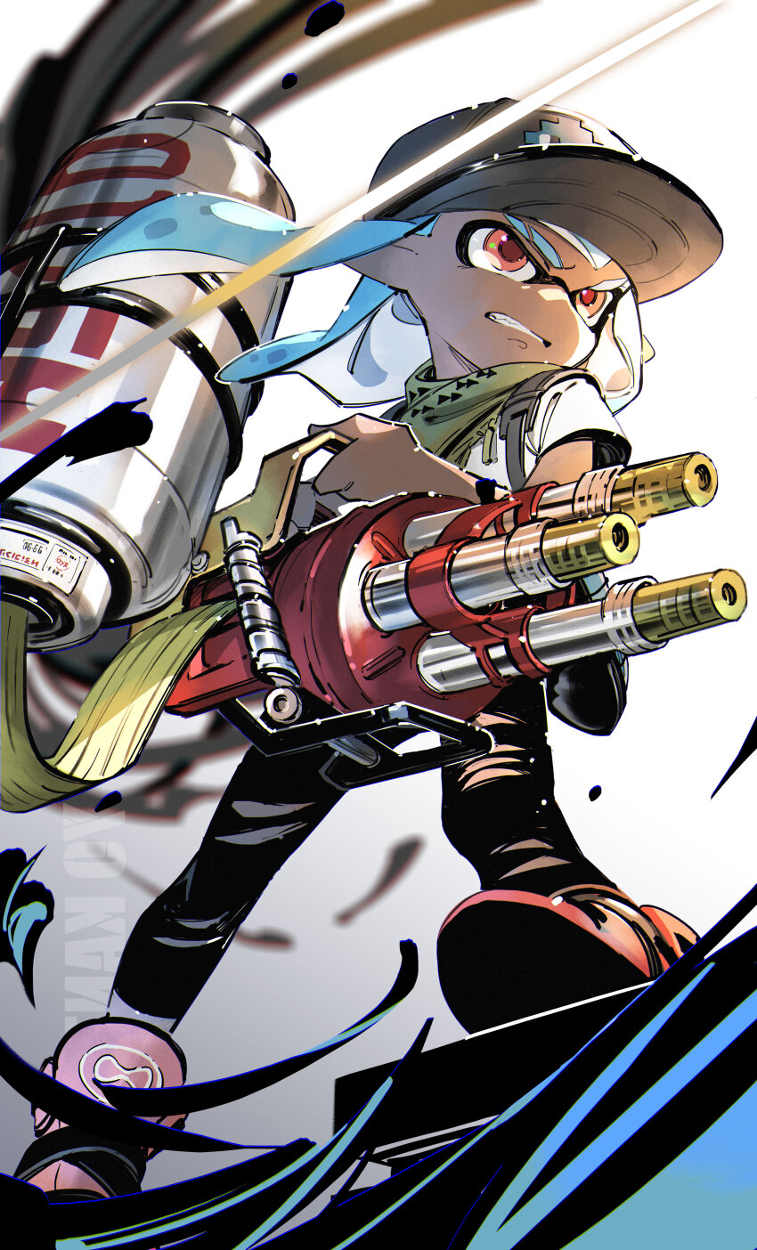 1girl absurdres bandana bandana_around_neck baseball_cap black_hat black_leggings blue_hair clenched_teeth dark-skinned_female dark_skin eyebrow_cut floating_hair full_body green_bandana hat high_tops highres holding holding_weapon hydra_splatling_(splatoon) ink_tank_(splatoon) inkling inkling_girl inkling_player_character leggings long_hair nintendo pointy_ears red_eyes red_shoes shirt shoes short_sleeves sneakers solo splatoon_(series) standing t-shirt taroji teeth tentacle_hair torn_clothes torn_leggings v-shaped_eyebrows weapon white_shirt