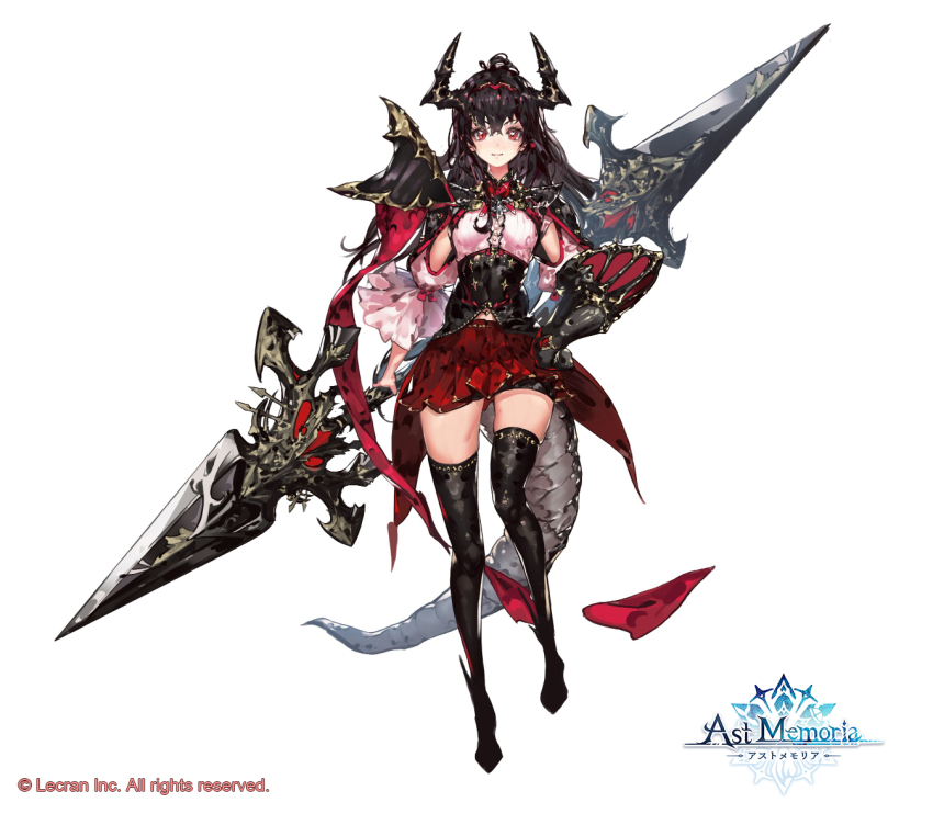 1girl armor ast_memoria black_armor black_hair black_horns black_tail black_thighhighs coattails company_name copyright_name copyright_notice detached_sleeves dragon_horns dragon_tail gemma_da_oreno_(ast_memoria) greaves hand_on_own_hip holding holding_weapon horns logo long_hair official_art pauldrons red_eyes red_skirt shoulder_armor single_greave single_pauldron skirt tail thighhighs weapon