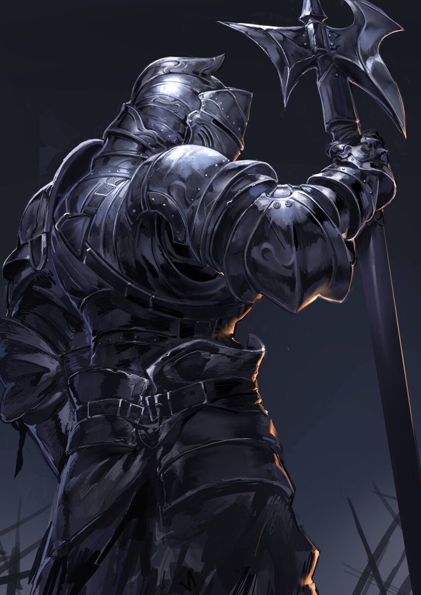 1other ambiguous_gender armor belt breastplate commentary from_behind full_armor gauntlets halberd helm helmet highres holding holding_polearm holding_weapon knight nameno92372763 night original pauldrons polearm shoulder_armor solo standing weapon