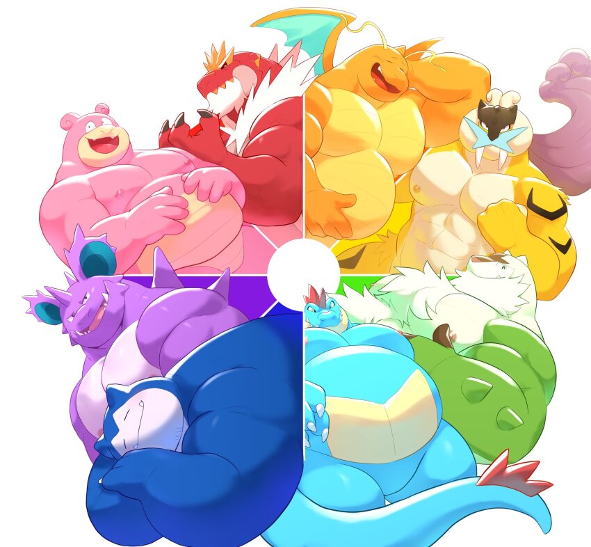 6+boys abs bara belly blush chesnaught claws clenched_hand closed_eyes closed_mouth color_wheel_challenge commentary crocodilian_tail dogoronumber3 dragon_wings dragonite english_commentary facing_viewer fangs fangs_out fat fat_man feraligatr furry furry_male gen_1_pokemon gen_2_pokemon gen_6_pokemon hand_on_own_stomach hands_on_own_stomach highres horns legendary_pokemon looking_at_viewer male_focus multiple_boys multiple_drawing_challenge muscular muscular_male nidoking nintendo nipples open_mouth pectorals pokemon pokemon_(creature) profile raikou slowpoke smile snorlax tail tyrantrum white_background wings