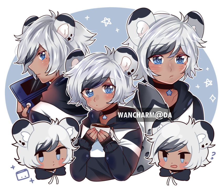 1boy ? animal_ear_fluff animal_ear_tattoo animal_ears antenna_hair artist_name black_choker black_gloves black_hair black_hoodie blue_background blue_eyes blush_stickers border chibi choker commentary commission confetti cropped_shoulders cup dark-skinned_male dark_skin english_commentary eyelashes fingerless_gloves fingernails gloves grey_hair handheld_game_console holding holding_cup holding_handheld_game_console hood hood_down hoodie leopard_boy leopard_ears leopard_tail light_blush long_sleeves looking_at_viewer male_focus mole mole_under_eye multicolored_hair multiple_views neck_ribbon nintendo_ds original outline outside_border playing_games pointy_nose ribbon round_border short_hair single_stripe sparkle star_(symbol) star_choker star_tattoo streaked_hair striped_clothes striped_hoodie swept_bangs tail tattoo tea teacup watermark white_border white_outline white_ribbon yuyu_(yuyupurinn)