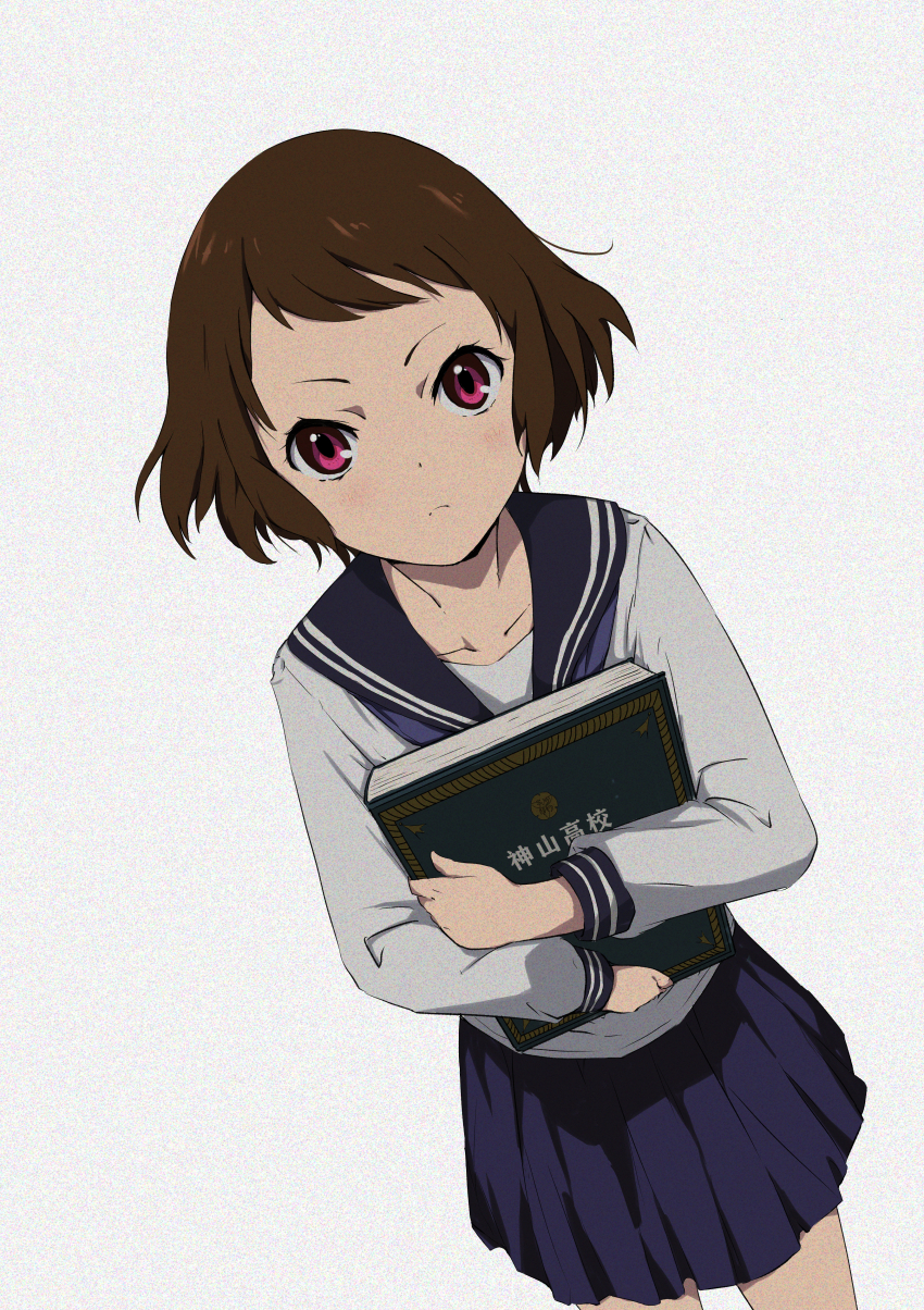 1girl absurdres bare_legs blue_neckerchief blue_sailor_collar blue_skirt book brown_hair closed_mouth collarbone commentary_request cowboy_shot error1945 expressionless highres holding holding_book hyouka ibara_mayaka kamiyama_high_school_uniform_(hyouka) long_sleeves looking_at_viewer medium_hair neckerchief pleated_skirt red_eyes sailor_collar school_uniform serafuku shirt sidelocks simple_background skirt solo swept_bangs white_background white_shirt