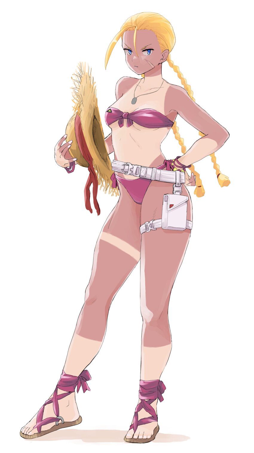 1girl absurdres belt bikini blonde_hair blue_eyes braid cammy_white facial_scar hat highres holding holding_unworn_clothes holding_unworn_hat jewelry loose_belt low_twin_braids necklace official_alternate_costume pink_bikini sandals scar scar_on_cheek scar_on_face sekichuu_(unholywars12) solo strapless strapless_bikini straw_hat street_fighter street_fighter_6 swimsuit tan tanline twin_braids unworn_hat unworn_headwear