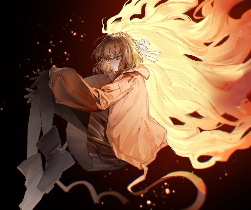 1girl ardor_blossom_star_(e.g.o) black_boots blue_eyes bochishiraita boots e.g.o_(project_moon) embers full_body glowing glowing_hair hair_flowing_over hair_ribbon hands_on_own_knees headband highres ishmael_(project_moon) jacket knees_up limbus_company long_hair looking_at_viewer orange_hair orange_jacket project_moon ribbon skirt solo very_long_hair