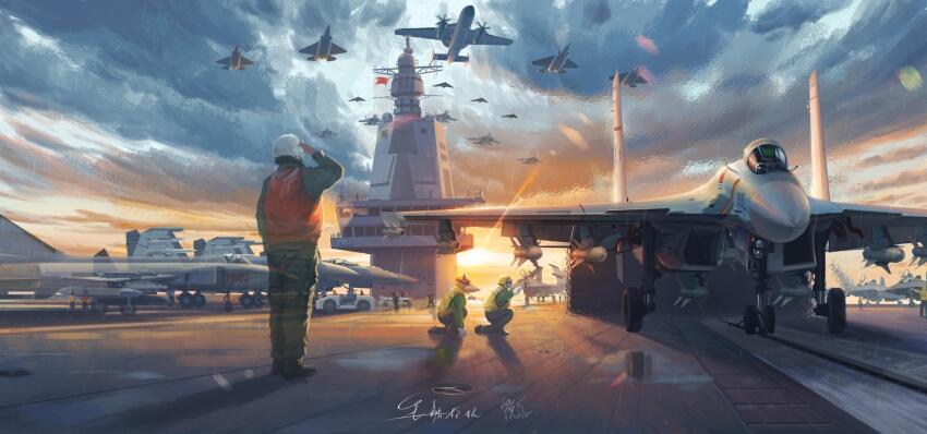 6+boys aircraft aircraft_carrier aircraft_marshaller airplane chengdu_j-20 cloud cloudy_sky control_tower fighter_jet flight_deck gj-11 helmet highres j-11 kj-600 lens_flare military_vehicle multiple_boys original people&#039;s_liberation_army people&#039;s_liberation_army_navy_air_force pl-10 pl-12 salute shenyang_j-11 ship shouhui_lang_qun signature sky sunset takeoff vehicle_focus warship watercraft