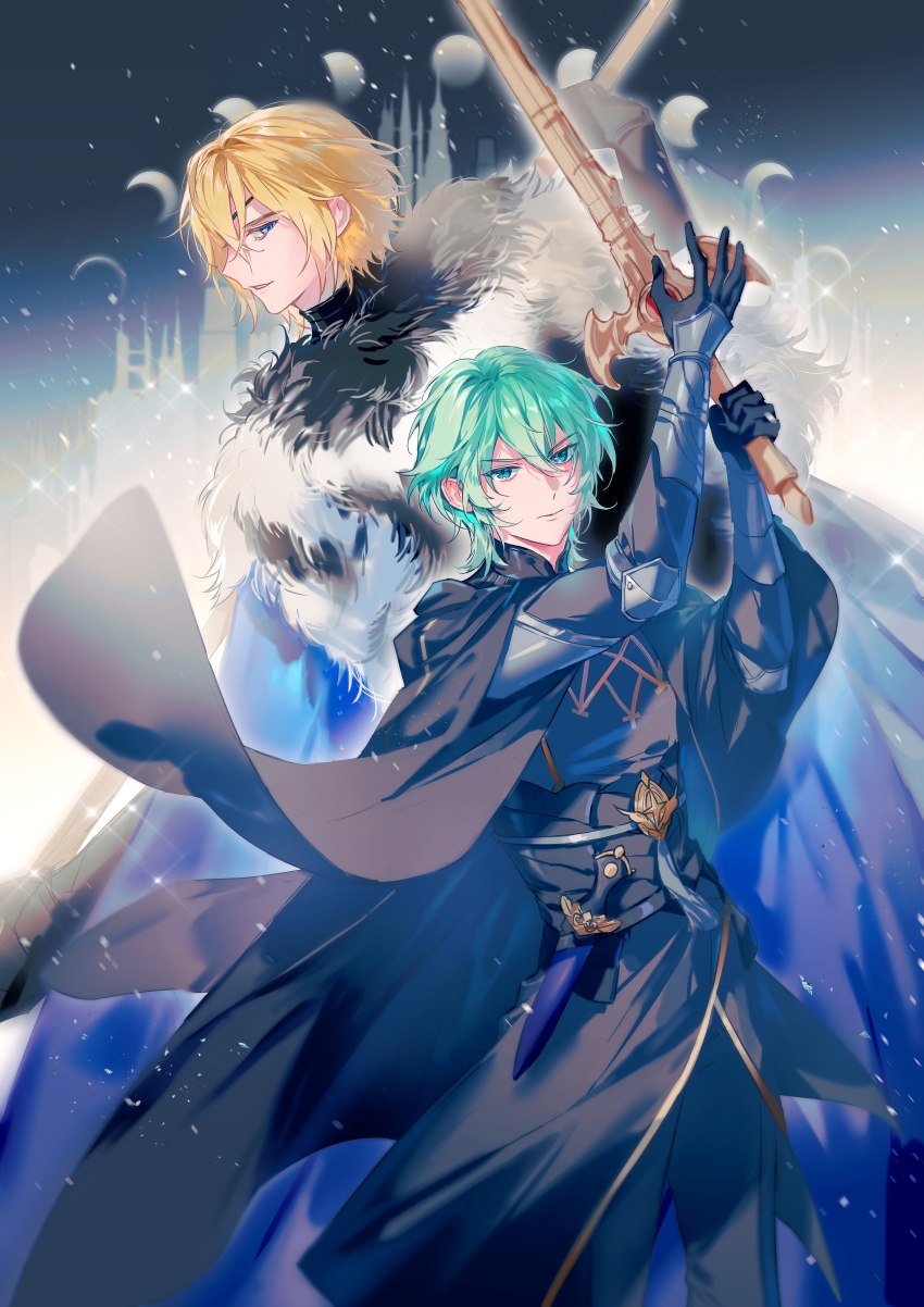 2boys absurdres armor arms_up black_cape black_fur black_gloves black_pants blonde_hair blue_cape blue_eyes building male_byleth_(enlightened)_(fire_emblem) male_byleth_(fire_emblem) cape chinese_commentary closed_mouth commentary_request crescent_moon dagger dimitri_alexandre_blaiddyd dimitri_alexandre_blaiddyd_(timeskip) dot_nose eyepatch fire_emblem fire_emblem:_three_houses floating_clothes full_moon fur-trimmed_cape fur_trim gloves green_hair hair_behind_ear hair_between_eyes highres holding holding_sword holding_weapon holstered knife looking_to_the_side male_focus moon moon_phases multiple_boys nintendo ornate_weapon pants parted_bangs parted_hair parted_lips sideways_glance sky smile sparkle standing star_(sky) starry_sky sword sword_of_the_creator weapon white_fur whiteziyanjun