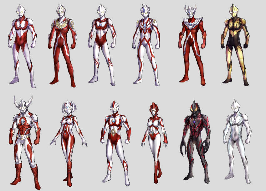 2girls 6+boys absurdres alien black_bodysuit bodysuit color_timer dai-kaijuu_battle_ultra_ginga_densetsu_the_movie darkness_heels darkness_heels_lili full_body garoshirou glowing glowing_eyes highres kaette_kita_ultraman looking_at_viewer multiple_boys multiple_girls red_bodysuit shin_ultraman silver_bodysuit standing tokusatsu father_of_ultra ultra_galaxy_(series) mother_of_ultra ultra_series ultraman ultraman:_another_gene ultraman_(1st_series) ultraman_80 ultraman_80_(series) ultraman_ace ultraman_ace_(series) ultraman_belial ultraman_geed_(series) ultraman_jack ultraman_mebius_(series) ultraman_tarou ultraman_tarou_(series) ultraman_zero_the_movie_choukessen!_belial_ginga_teikoku ultraseven ultraseven_(series) yellow_eyes yullian zoffy_(shin) zoffy_(ultra_series)