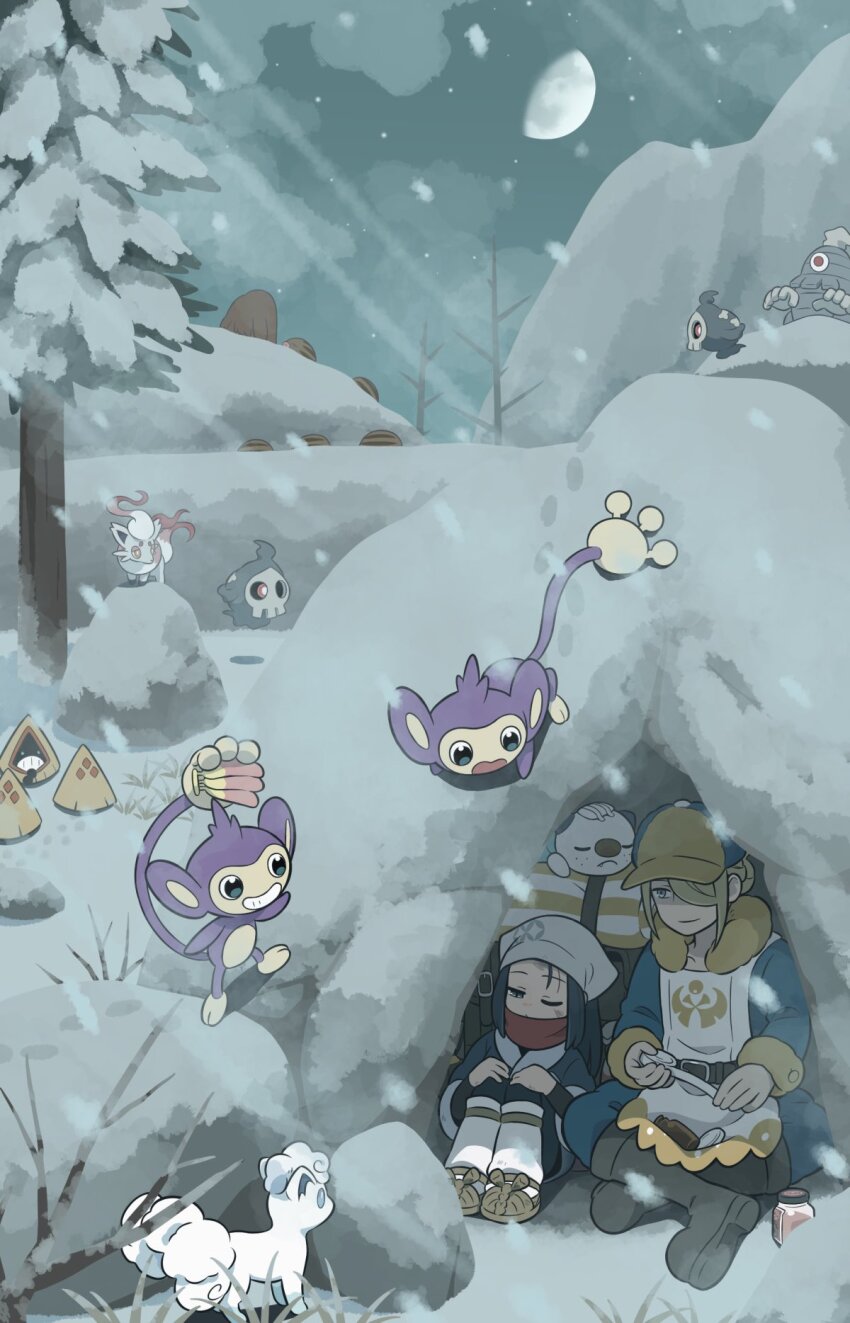 1boy 1girl aipom akari_(pokemon) alolan_form alolan_vulpix berry_(pokemon) black_boots black_hair blonde_hair boots closed_eyes closed_mouth commentary_request dusknoir duskull galaxy_expedition_team_survey_corps_uniform gen_2_pokemon gen_3_pokemon gen_4_pokemon gen_5_pokemon gen_7_pokemon ginkgo_guild_uniform hair_over_one_eye hat headscarf highres hisuian_zorua holding jar moon night nintendo one_eye_closed open_mouth oshawott outdoors piloswine pokemon pokemon_(creature) pokemon_legends:_arceus red_scarf scarf shuan_420 sitting snorunt snow snowing swinub tree volo_(pokemon)