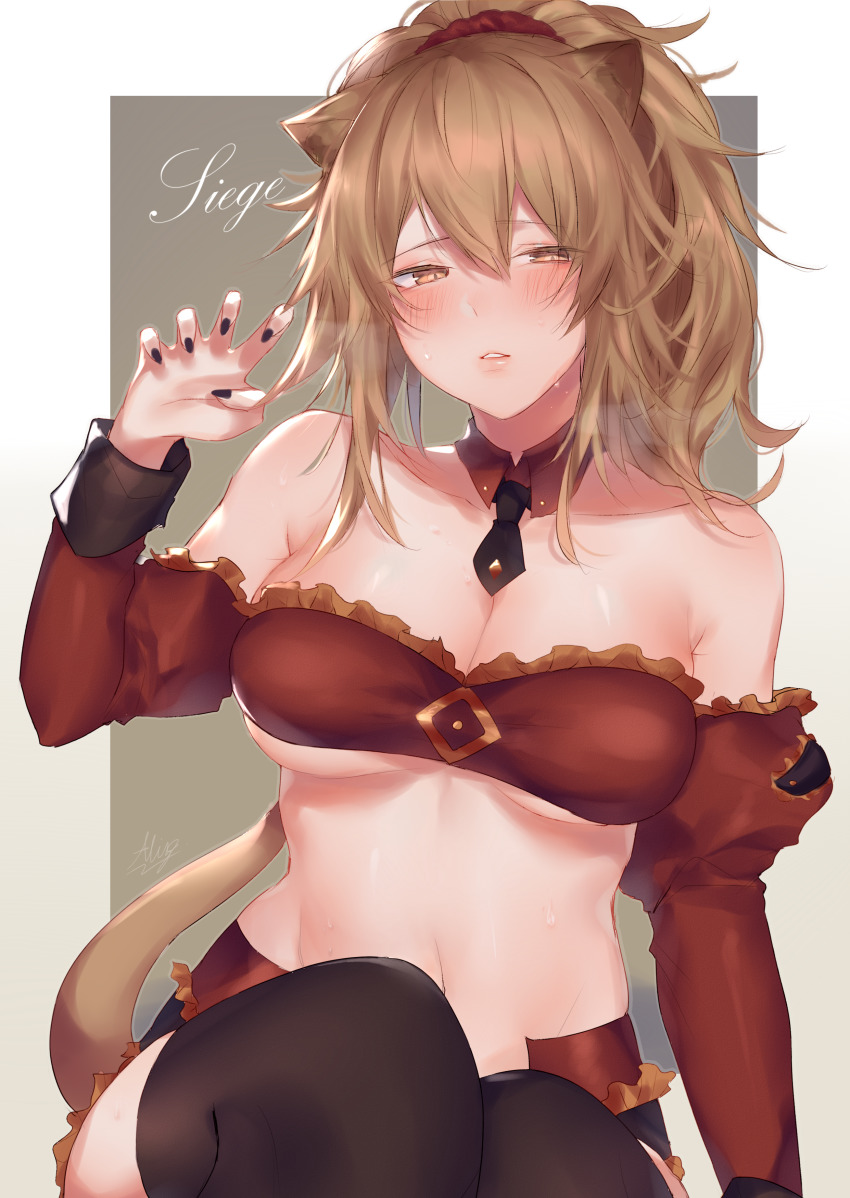 1girl absurdres allze arknights bandeau bare_shoulders black_nails black_necktie black_thighhighs blush breasts breath brown_eyes brown_hair character_name claw_pose cleavage collarbone commentary cosplay detached_collar detached_sleeves fate/apocrypha fate_(series) female_focus hair_between_eyes hair_ornament hair_scrunchie hand_up highres juliet_sleeves large_breasts lion_tail long_hair long_sleeves looking_at_viewer midriff mordred_(fate) mordred_(fate)_(cosplay) mordred_(fate/apocrypha) nail_polish navel necktie puffy_sleeves red_scrunchie scrunchie siege_(arknights) sitting solo stomach strapless tail thighhighs tube_top