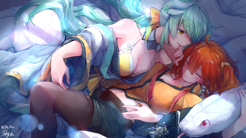2girls ahoge aqua_hair bare_shoulders blush breasts cleavage closed_eyes closed_mouth fate/grand_order fate_(series) fujimaru_ritsuka_(female) fujimaru_ritsuka_(female)_(mage&#039;s_association_uniform) highres horns kiyohime_(fate) kiyohime_(fate/grand_order) kiyohime_(swimsuit_lancer)_(fate) kiyohime_(swimsuit_lancer)_(first_ascension)_(fate) large_breasts long_hair looking_at_another medium_hair multiple_girls official_alternate_costume open_clothes open_shorts orange_hair pantyhose parted_lips pin.s scrunchie shorts side_ponytail signature smile snake twitter_username white_snake yellow_eyes yellow_scrunchie yuri
