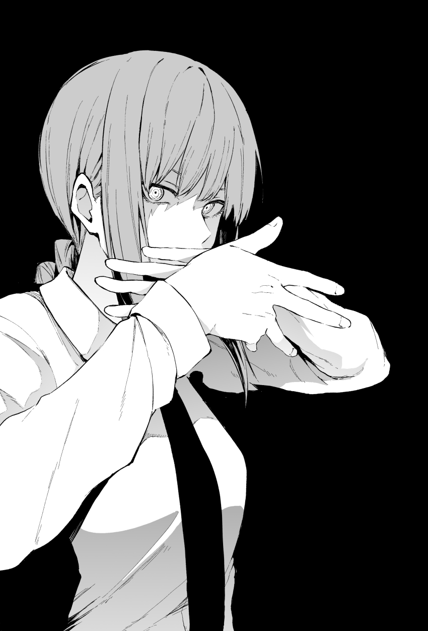 1girl absurdres black_background black_necktie braid braided_ponytail business_suit chainsaw_man collared_shirt formal_clothes greyscale highres long_sleeves looking_at_viewer makima_(chainsaw_man) medium_hair monochrome necktie neckwear_request own_hands_together ringed_eyes shirt simple_background solo suit tsukamoto_minori upper_body