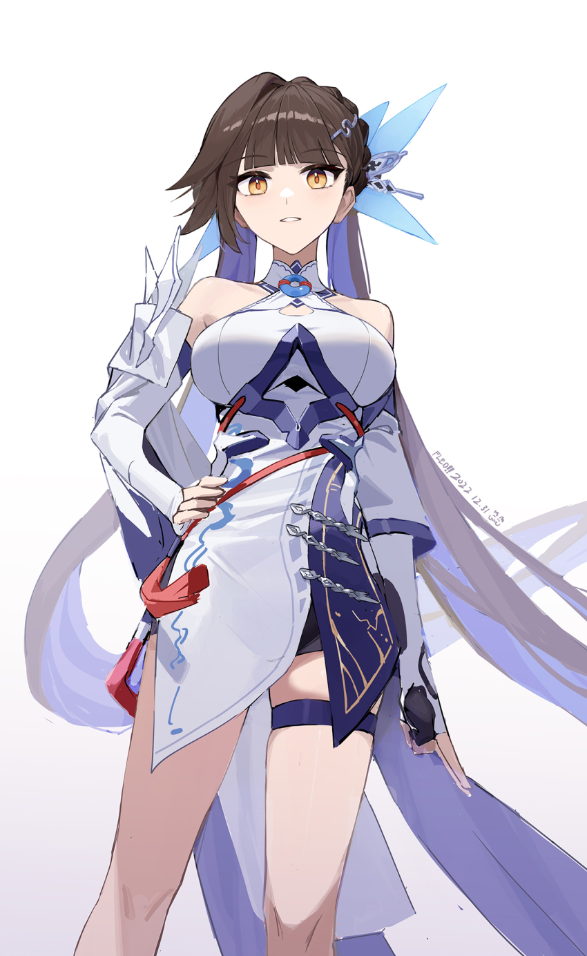 1girl black_gloves blue_hair breasts brown_hair dated detached_sleeves dress fingerless_gloves fled gloves hand_on_own_hip highres honkai_(series) honkai_impact_3rd large_breasts li_sushang long_hair long_sleeves looking_at_viewer multicolored_hair parted_lips signature simple_background single_hair_intake solo two-tone_hair very_long_hair white_background white_dress white_sleeves yellow_eyes