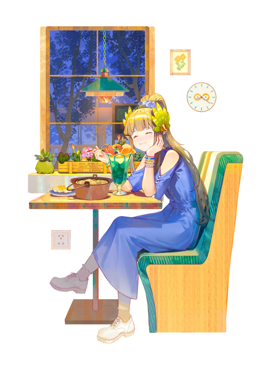1girl ^_^ absurdres arknights blue_dress blue_scrunchie blush bracelet brown_hair casual ceiling_light cherry clock closed_eyes clothing_cutout commentary crossed_legs cup dress eating elbow_on_table elbow_rest electrical_outlet english_commentary facing_to_the_side facing_viewer food from_side fruit hair_ornament hair_scrunchie head_rest high_ponytail highres jewelry laurel_crown long_hair lyuqiu mole mole_under_eye muelsyse_(arknights) nail_polish noodles orange_(fruit) orange_nails orange_slice parfait picture_frame plant plate pointy_ears ponytail potted_plant scrunchie shoes shoulder_cutout sitting socks solo strawberry succulent_plant very_long_hair wall_clock white_shoes window