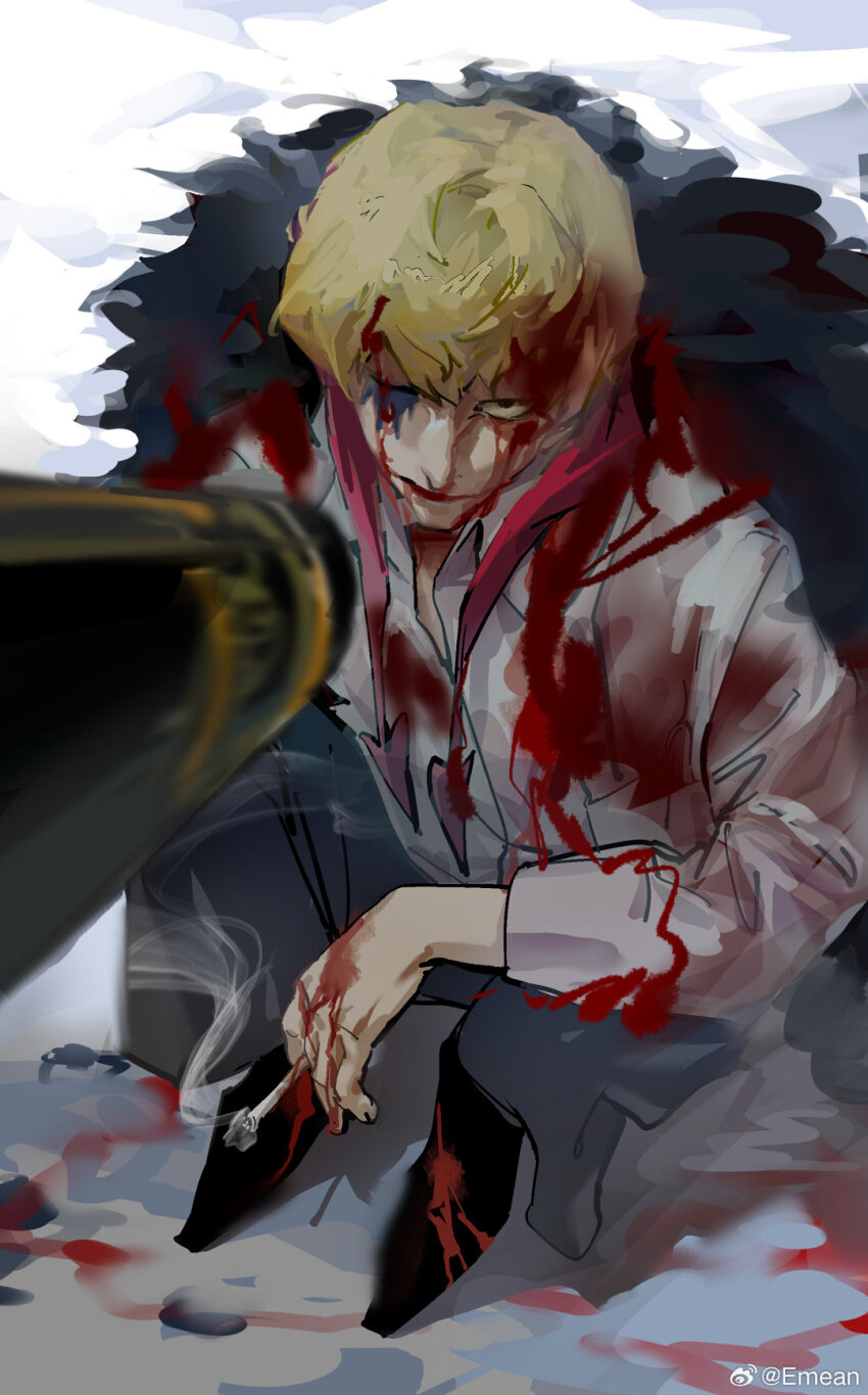 2boys blonde_hair blood blood_on_clothes blood_on_face blood_on_ground blood_on_hands blood_on_snow brothers cigarette coat donquixote_doflamingo donquixote_rocinante emean feather_coat fur_coat gun hat heart heart_print highres holding hood long_sleeves looking_at_viewer makeup male_focus multiple_boys one_eye_closed one_piece outdoors pink_coat red_hood shirt siblings smoking snow solo spoilers weapon